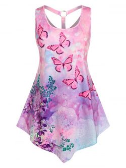 Plus Size & Curve Watercolor Floral Butterfly Ring Cutout Tank Top - LIGHT PINK - 2X