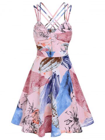 Strappy Ruched Bust Leaves Flowers Print Dress - LIGHT PINK - XXXL