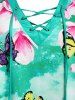 Plus Size Lace Up Floral Butterfly Print T Shirt -  