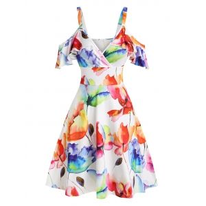 

Floral Printed Cold Shoulder A Line Dress, White