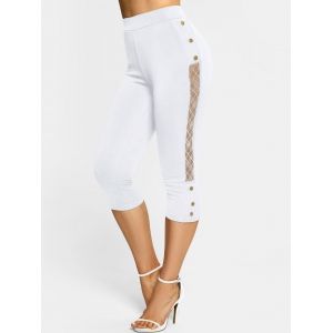 

Lace Panel Mock Button Capri Leggings, White