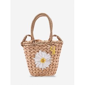 

Raffia Woven Daisy Decor Crossbody Bag, Light khaki