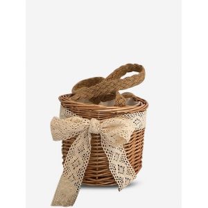 

Lace Bow Bamboo Woven Bucket Handbag, Light khaki