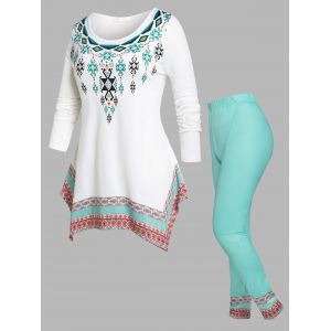 

Plus Size Handkerchief Tribal Print Tee and Pants Pajamas Set, Light green