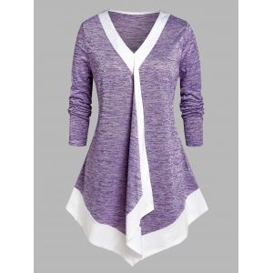 

Plus Size Space Dye Contrast Brim Irregular Tee, Light purple