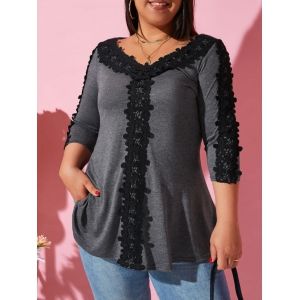 

V Neck Crochet Lace Trim Plus Size Top, Gray