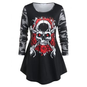 

Plus Size Rose Skull Print Halloween Tee, Black