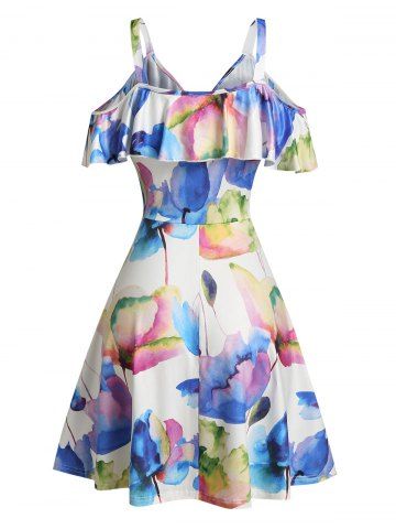 Floral Printed Cold Shoulder A Line Dress