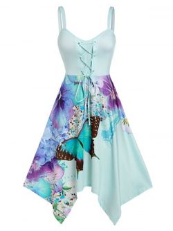 Plus Size Butterfly Print Lace Up Handkerchief Dress - LIGHT GREEN - L