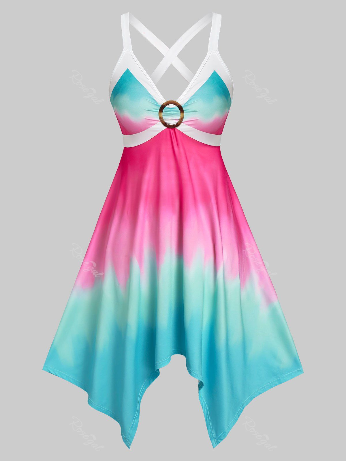 New Plus Size Crisscross Ombre Color Handkerchief Dress  