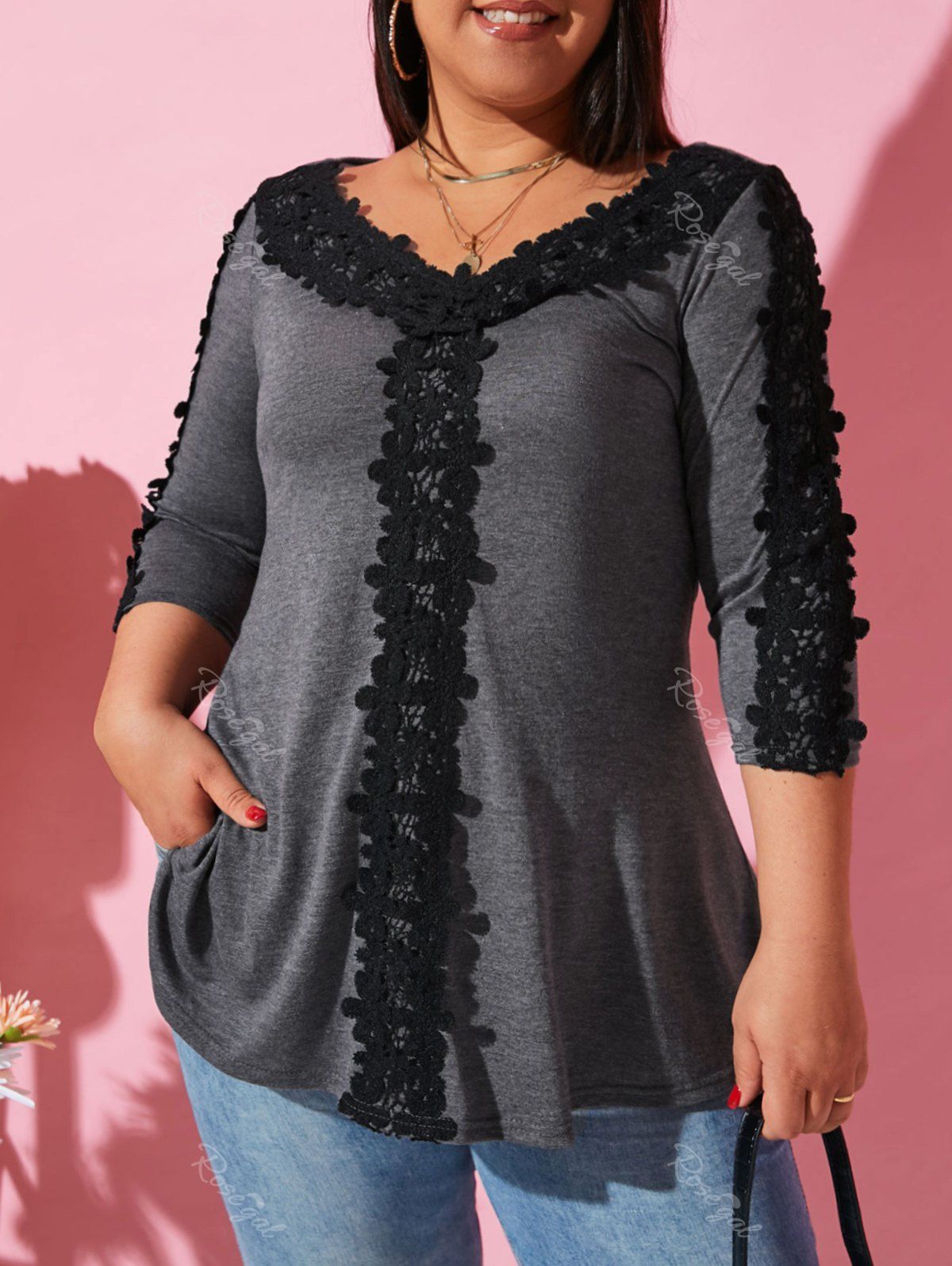 Trendy V Neck Crochet Lace Trim Plus Size Top  