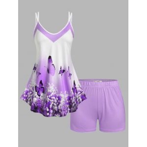 

Plus Size Floral Butterfly Print Shorts Pajamas Set, Light purple