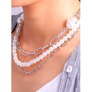 

Triple Layer Faux Pearl Chain Necklace, Silver