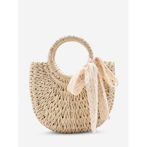 

Raffia Woven Lace-Tied Crossbody Bag, White