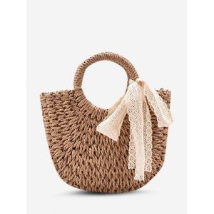 

Raffia Woven Lace-Tied Crossbody Bag, Light khaki