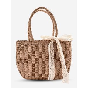 

Raffia Woven Drawstring Top Handle Basket Bag, Light khaki