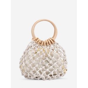 

Fishnet Drawstring Top Handle Bag, White