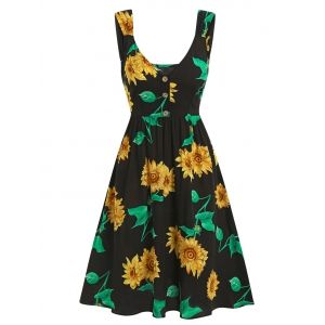 

Sunflower Print Half Button Sleeveless Dress, Black