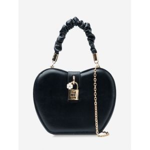 

Chain Floral Lock Heart Shape Handbag, Black