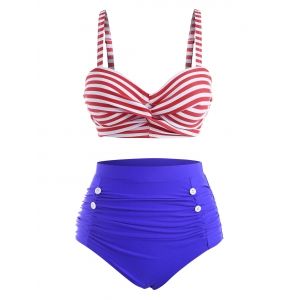 

Sailor-style Stripes Twisted High Waisted Bikini Swimwear, Blue