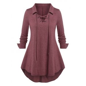 

Plus Size Lace Up Curved Hem Long Sleeve Top, Deep red