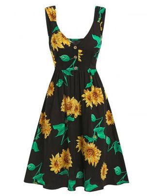 Sunflower Print Half Button Sleeveless Dress