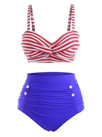 Rayas de estilo marinero Twisted Bikini de cintura alta. - BLUE - S