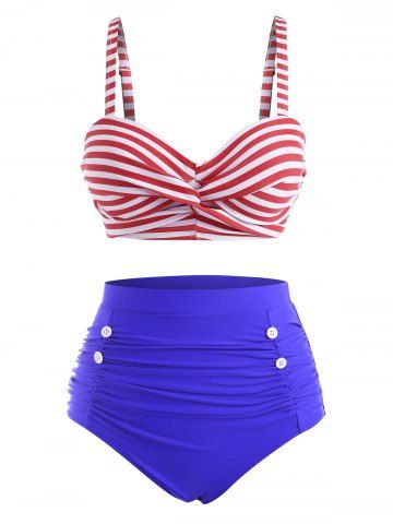 Rayas de estilo marinero Twisted Bikini de cintura alta. - BLUE - XL