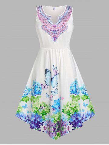 Plus Size & Curve Floral Butterfly Print Asymmetric Dress - WHITE - 5X