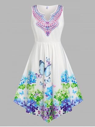 Plus Size & Curve Floral Butterfly Print Asymmetric Dress