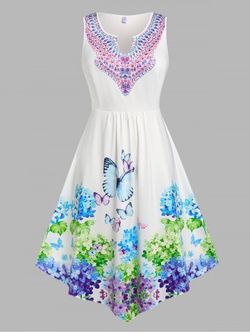 Plus Size & Curve Floral Butterfly Print Asymmetric Dress - WHITE - 2X