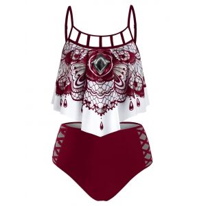 

Abstract Butterfly Print Padded Gothic Tankini Set, Deep red