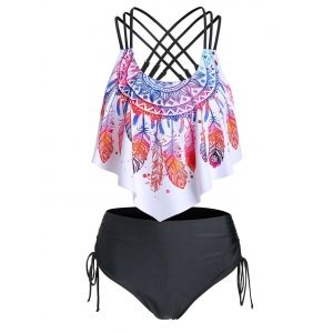 

Feather Print Strappy Pointed Hem Tankini Swimwear, Multi a