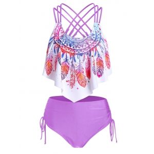 

Feather Print Strappy Pointed Hem Tankini Swimwear, Heliotrope purple