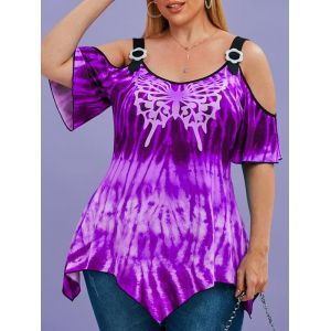 

Tie Dye Butterfly Cold Shoulder Handkerchief Plus Size Top, Purple