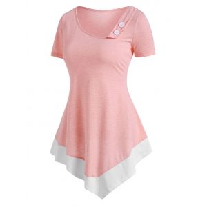 

Mock Button Colorblock Asymmetric T Shirt, Light pink