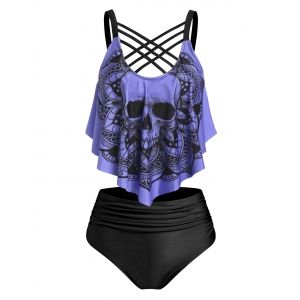 

Skull Flower Print Criss-cross Padded Tankini Set, Purple