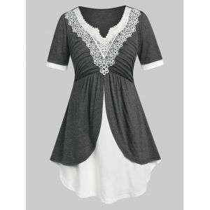 

Plus Size Ruched Lace Panel Layered Tee, Gray