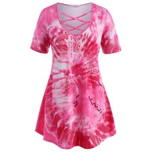 

Plus Size Paisley Lattice Strap Tie Dye Tunic Tee, Red