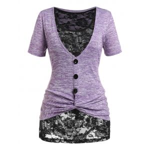 

Plus Size Twist Space Dye Tee and Lace Tank Top Set, Light purple