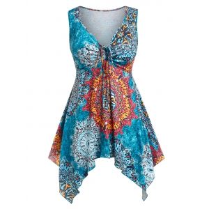 

Plus Size Floral Print Cinch Tie Irregular Tank Top, Blue