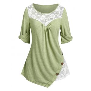 

Mock Button Flower Lace Insert Asymmetrical T-shirt, Light green