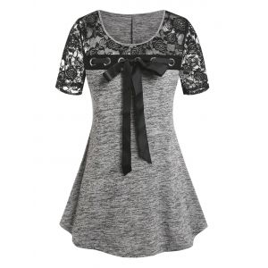 

Plus Size Bowknot Lace Panel Space Dye Tee, Light gray