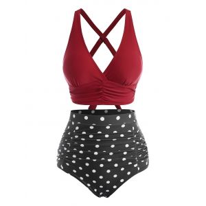 

Ruched High Waisted Polka Dot Tankini Swimwear, Deep red