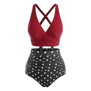 

Ruched High Waisted Polka Dot Tankini Swimwear, White