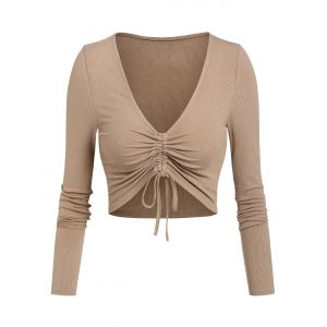 

Plunge Neck Cinched Ribbed Cropped T-shirt, Coffee