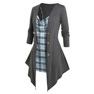 

Plus Size Draped Open Top and Plaid Cami Top Set, Gray