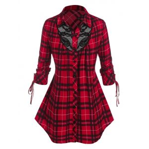 Plus Size Plaid Cinched Lace Panel Round Hem Blouse, Red