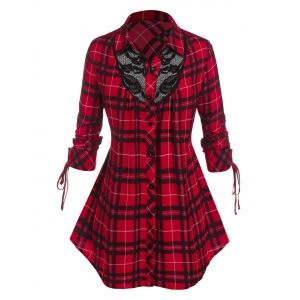 

Plus Size Plaid Cinched Lace Panel Round Hem Blouse, Red