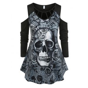 

Plus Size Cold Shoulder Rose Skull Print Gothic Tee, Black
